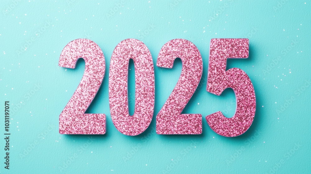 Sparkling numbers 2025 on vibrant turquoise background create festive atmosphere Sparkling numbers 2025 on vibrant turquoise background create festive atmosphere