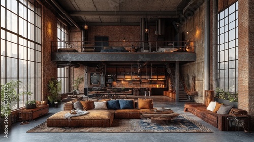 Modern industrial loft with cozy seating and open kitchen space.