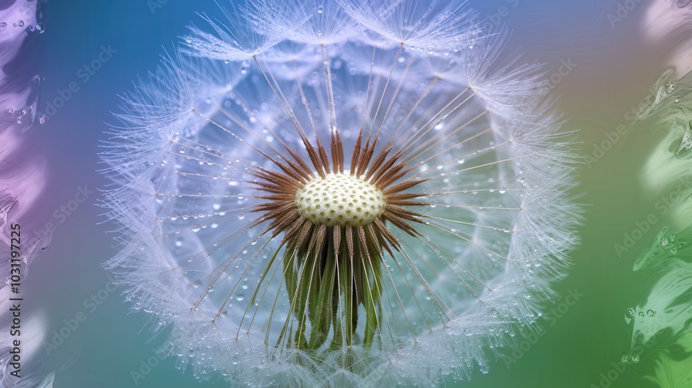 Close-up of dandelion seed head with dewdrops and rainbow in background Close-up of dandelion seed head with dewdrops and rainbow in background