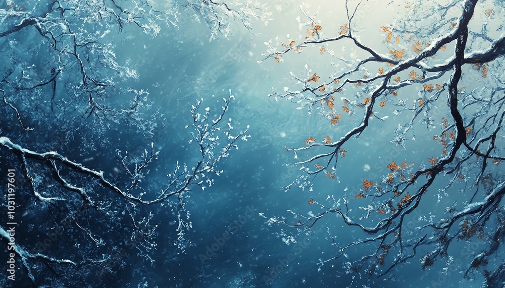 A frosty winter forest where snow clings to tree branches, showcasing intricate ice flakes and the chilling whispers of the cold wind A frosty winter forest where snow clings to tree branches, showcasing intricate ice flakes and the chilling whispers of the cold wind