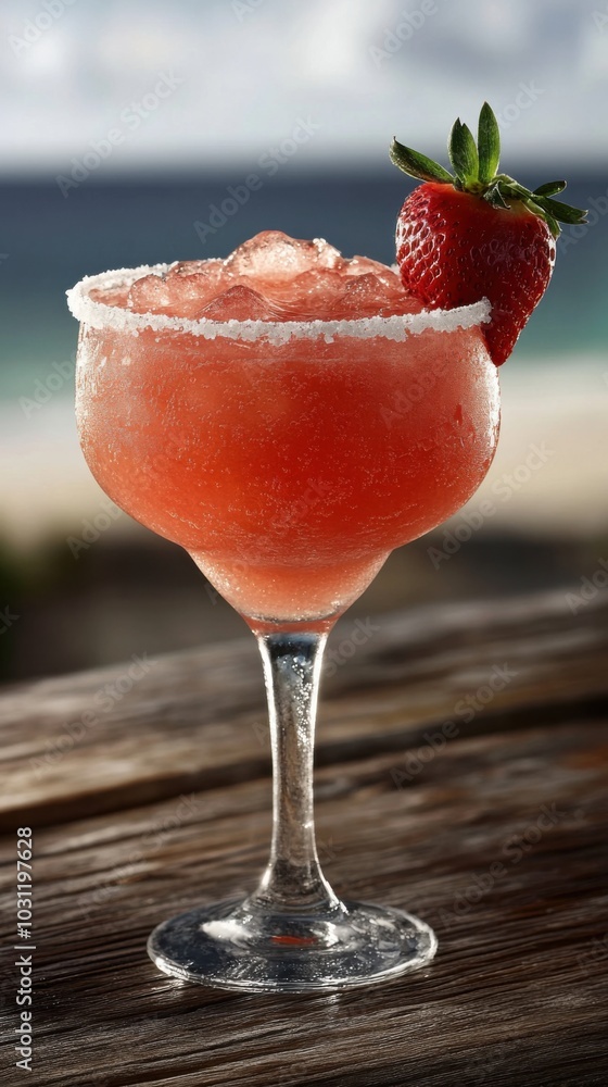 Refreshing strawberry daiquiri on a rustic beachside setting for food photography and summer promotions Refreshing strawberry daiquiri on a rustic beachside setting for food photography and summer promotions