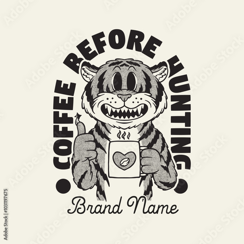 retro cartoon emblem of smiling tiger with the mugs