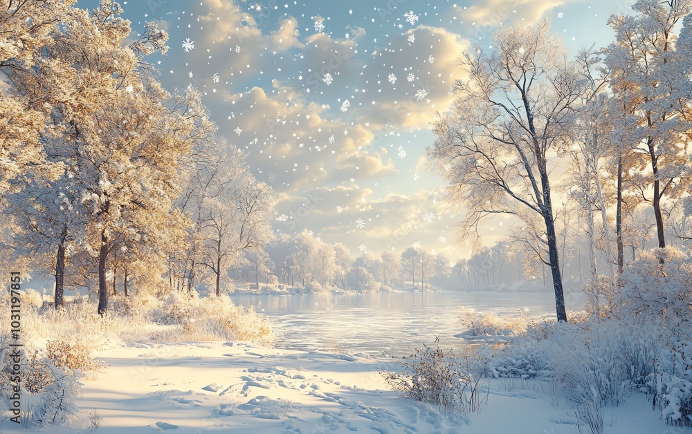 A captivating snowy vista, with snowcovered trees, sparkling ice flakes caught in the wind, and the serene beauty of winter s chill A captivating snowy vista, with snowcovered trees, sparkling ice flakes caught in the wind, and the serene beauty of winter s chill