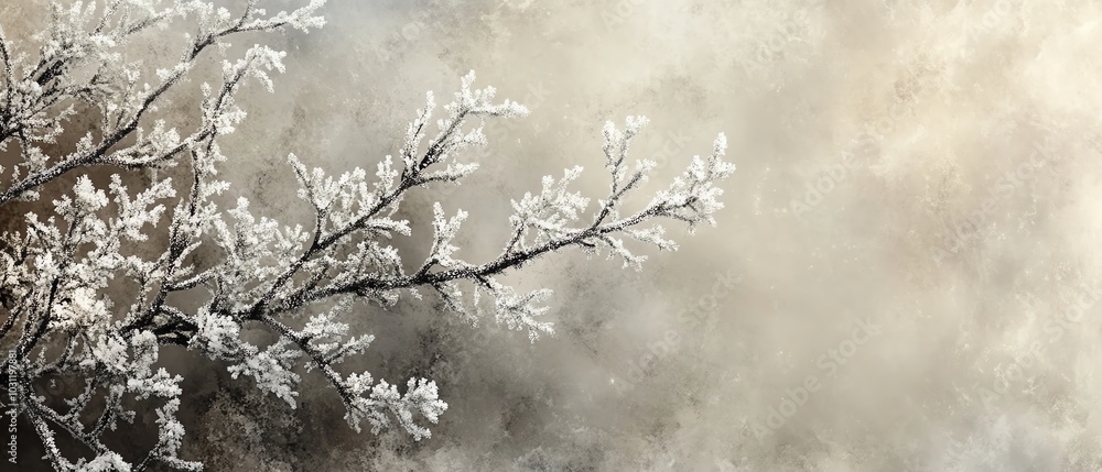 Obraz premium A closeup view of frostcovered branches, with delicate snowflakes resting on them, capturing the beauty of winters chill and the whispering winds