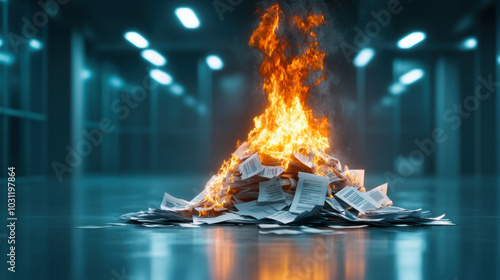 pile of stock market reports burning brightly in dimly lit space