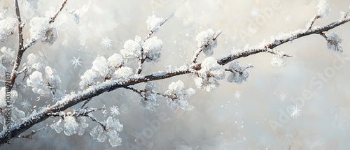 A closeup view of frostcovered branches, with delicate snowflakes resting on them, capturing the beauty of winters chill and the whispering winds photo