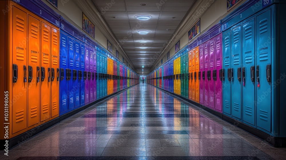 Fototapeta premium Colorful school hallway lined with lockers reflecting light.
