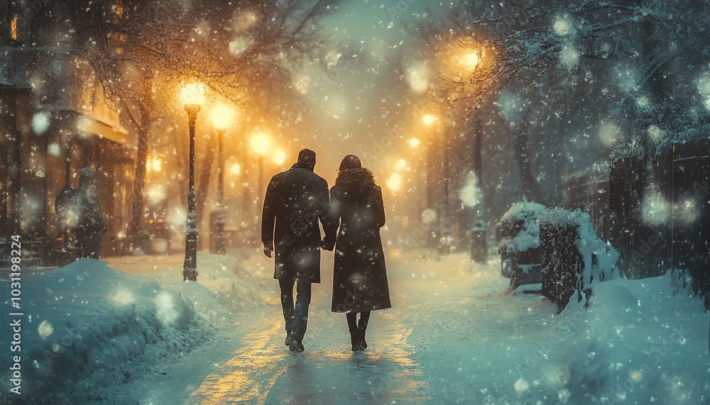 A heartwarming moment of a couple walking handinhand through a snowy street, their breath visible in the frigid air, embodying love in the winter cold A heartwarming moment of a couple walking handinhand through a snowy street, their breath visible in the frigid air, embodying love in the winter cold