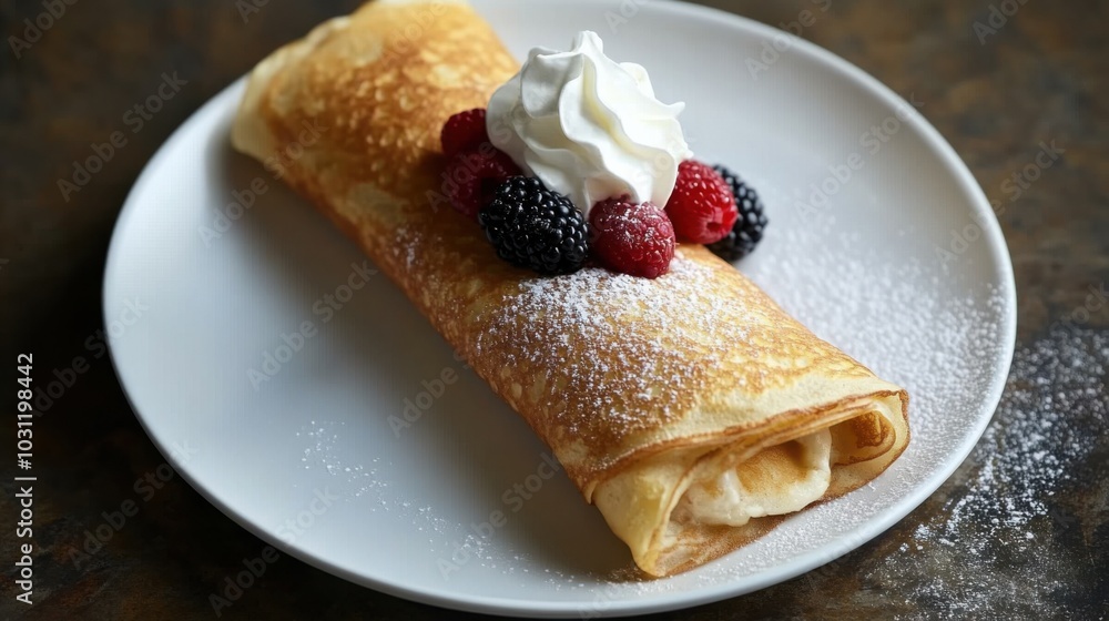 Spring delights: golden crepes with fresh berries and whipped cream for food photography