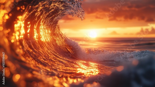 A close-up of a breaking wave at sunset, with the sun shining through the water.