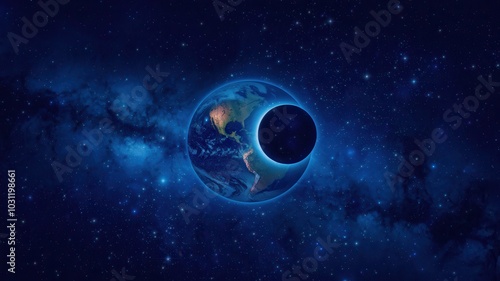 Earth and moon illuminated in outer space with starry backdrop, digital art