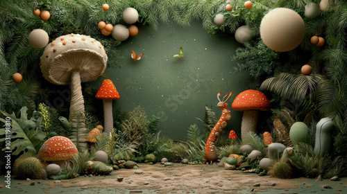 whimsical fantasy scene with colorful mushrooms and mythical creatures