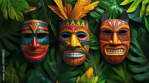 Colorful tribal masks displayed against a backdrop of green tropical leaves, showcasing intricate designs and craftsmanship. photo