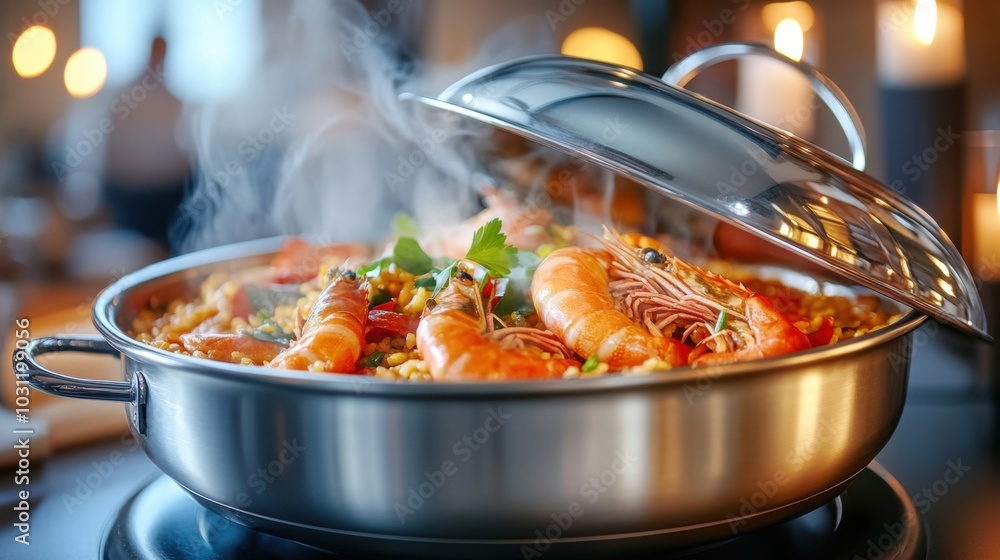 Steaming seafood paella with prawns and vegetables in a stainless steel pan, AI Steaming seafood paella with prawns and vegetables in a stainless steel pan, AI