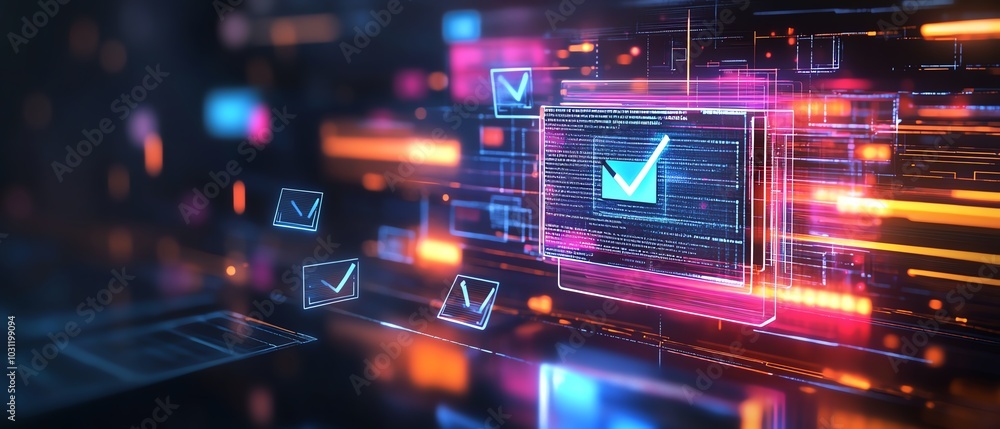 Dynamic image of a holographic document management system with floating files and bright checkmarks Dynamic image of a holographic document management system with floating files and bright checkmarks