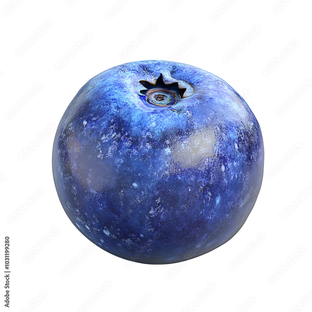 Close-up of a single fresh blueberry isolated on a white background, showing vibrant blue color and natural texture.