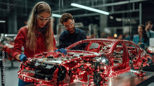 Innovative teamwork in modern automotive workshop, showcasing transparent car model
