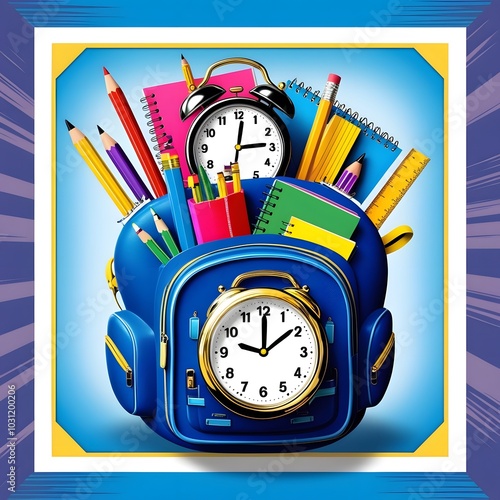 Funny school backpack with alarm clock and school supplies. Back to school concept on blue background with space for writing text. 3D rendering. 3D illustration. White background. photo