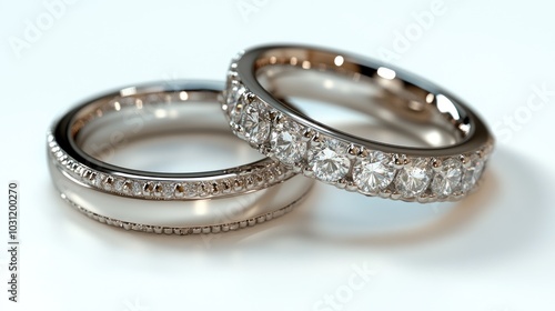 Two elegant wedding rings with sparkling diamonds.