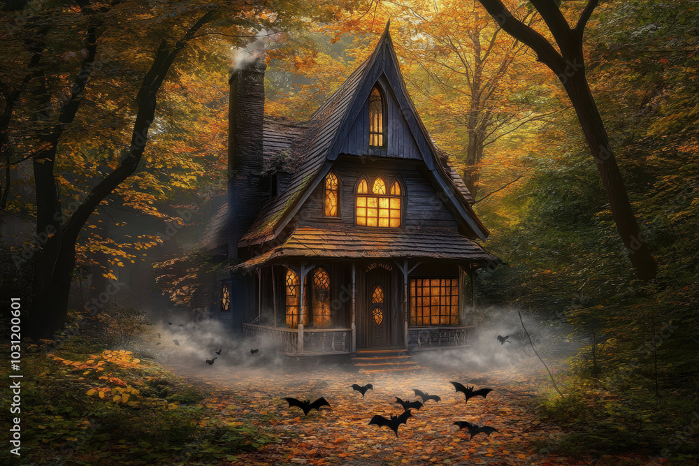 spooky haunted house surrounded by fog and autumn trees creates eerie atmosphere spooky haunted house surrounded by fog and autumn trees creates eerie atmosphere