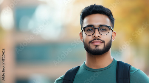 young Indian man with glasses and beard stands confidently outdoors, showcasing relaxed demeanor. background features soft autumn colors, enhancing warm atmosphere.