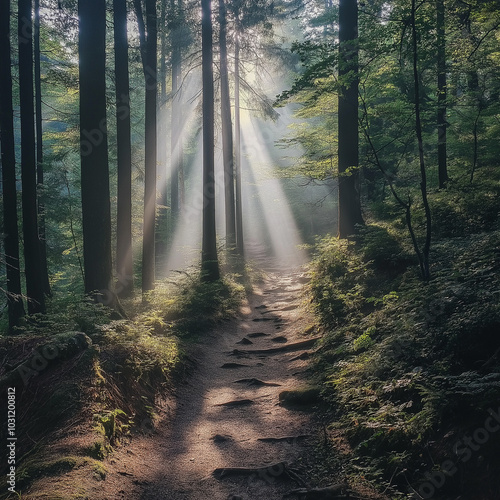 Sunlight filtering through trees on a dense forest hiking trail