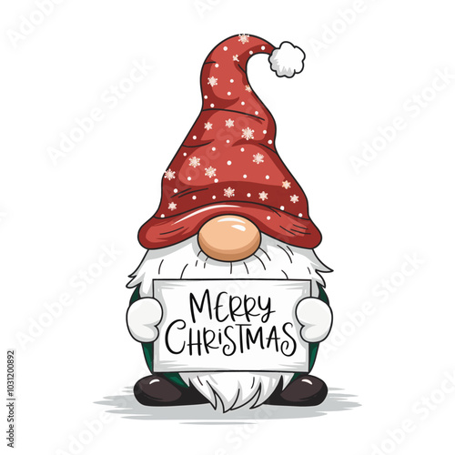 A cheerful Christmas gnome. It has a pointed red hat adorned with white dots, a white beard, and a green body. The gnome is holding a sign
that reads 'Merry Christmas'