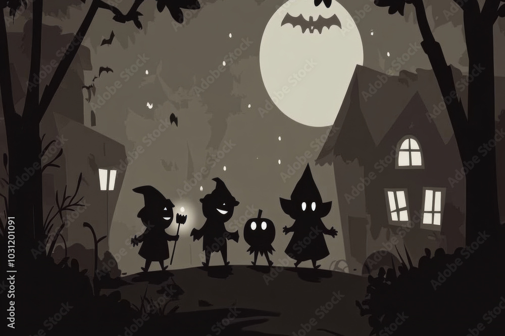 Spooky silhouettes of children in costumes enjoying Halloween night Spooky silhouettes of children in costumes enjoying Halloween night