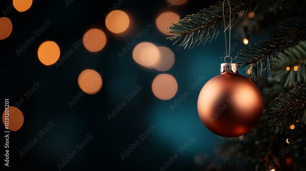 beautiful Christmas ornament hangs from pine tree branch, surrounded by soft, glowing lights that create warm and festive atmosphere. beautiful Christmas ornament hangs from pine tree branch, surrounded by soft, glowing lights that create warm and festive atmosphere.