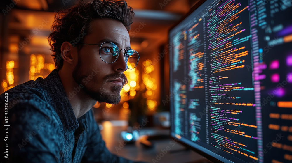 A young man in glasses stares intently at a computer screen filled with code, his focus intense. A young man in glasses stares intently at a computer screen filled with code, his focus intense.
