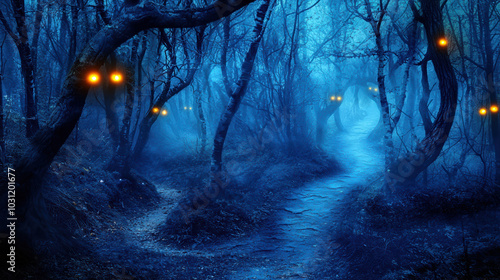 mysterious forest path with glowing eyes creates eerie atmosphere photo