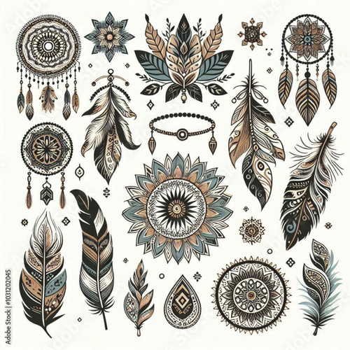 Decorative bohemian artwork featuring intricate floral designs, feathers, and ornamental patterns