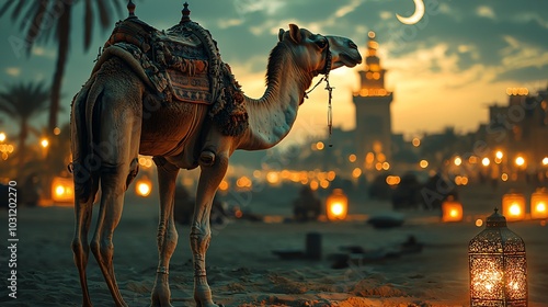 Camel Silhouette at Sunset with a Lantern photo