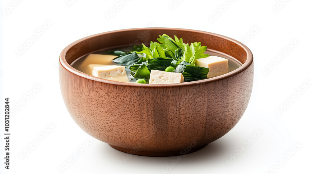 delicious bowl of soup featuring tofu, fresh greens, and peas, served in wooden bowl. vibrant colors and textures create inviting and healthy meal option. delicious bowl of soup featuring tofu, fresh greens, and peas, served in wooden bowl. vibrant colors and textures create inviting and healthy meal option.