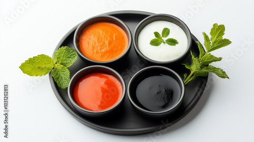 Fresh and vibrant sauces served in small bowls, accompanied by mint leaves, create an inviting presentation. colorful dips add delightful touch to any meal.