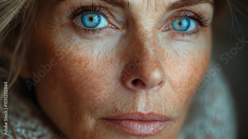 Close-up of a woman's face, showing her blue eyes and freckles.