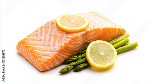 Fresh salmon fillet garnished with lemon slices and asparagus, showcasing vibrant colors and healthy ingredients.