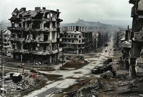 Eine zerstörte Stadt mit zahlreichen beschädigten Gebäuden.  Verwüstung nach einem Krieg oder einer Katastrophe. Dokumentarfotografie Symbolbild für Nachrichten. Generative KI photo