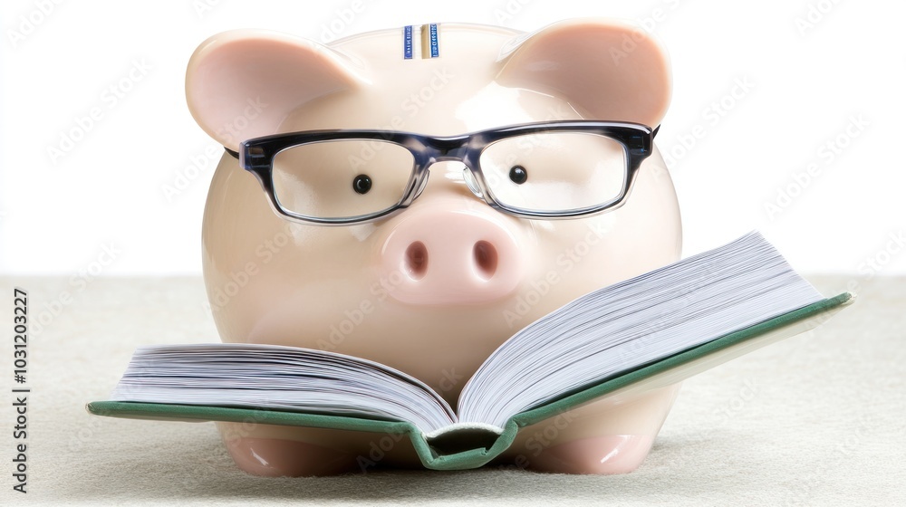 A piggy bank wearing glasses, reading a book. A piggy bank wearing glasses, reading a book.