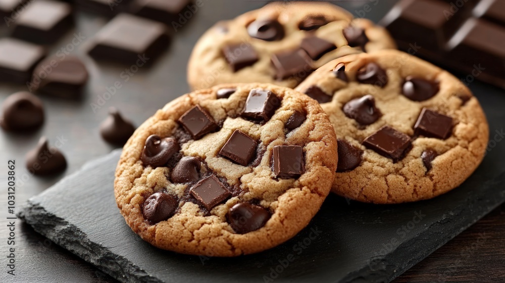 Close-up of three chocolate chip cookies with chunks of chocolate on a black slate. Close-up of three chocolate chip cookies with chunks of chocolate on a black slate.