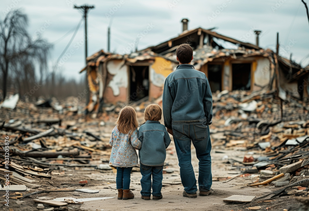 Familie, die auf die Ruinen zerstörter Häuser blickt. Folgen des Krieges oder einer schweren Katastrophe, die ihre Umgebung verwüstet hat. Dokumentarfotografie Symbolbild für Nachrichten Generative KI Familie, die auf die Ruinen zerstörter Häuser blickt. Folgen des Krieges oder einer schweren Katastrophe, die ihre Umgebung verwüstet hat. Dokumentarfotografie Symbolbild für Nachrichten Generative KI