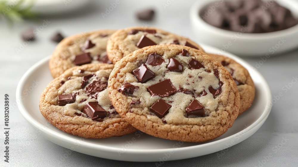 Closeup of freshly baked chocolate chip cookies on a white plate. Closeup of freshly baked chocolate chip cookies on a white plate.