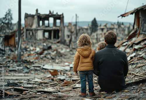 Familie, die auf die Ruinen zerstörter Häuser blickt. Folgen des Krieges oder einer schweren Katastrophe, die ihre Umgebung verwüstet hat. Dokumentarfotografie Symbolbild für Nachrichten Generative KI photo