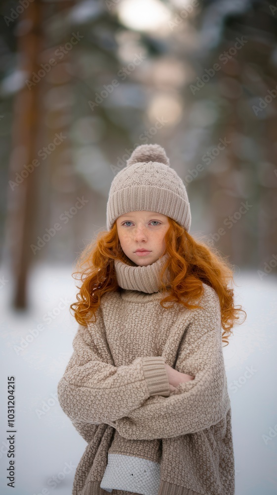 Red-haired girl wearing winter coat and hat, standing in snowy woodland scene