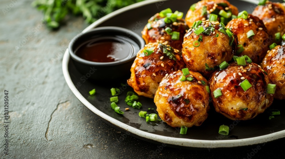 Delicious Glazed Meatballs with Green Onions and Sauce Delicious Glazed Meatballs with Green Onions and Sauce