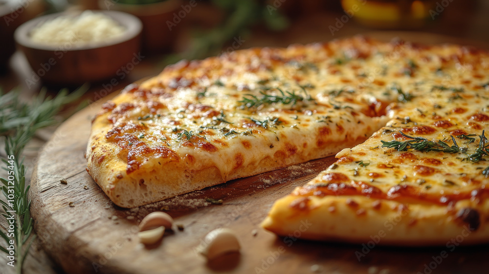A cheesy pizza with rosemary and garlic on a wooden board. A cheesy pizza with rosemary and garlic on a wooden board.