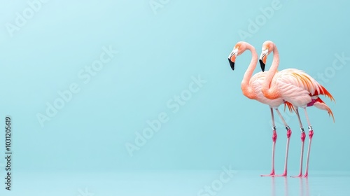 Two elegant flamingos stand gracefully on a serene blue background, showcasing their striking pink feathers and long legs.