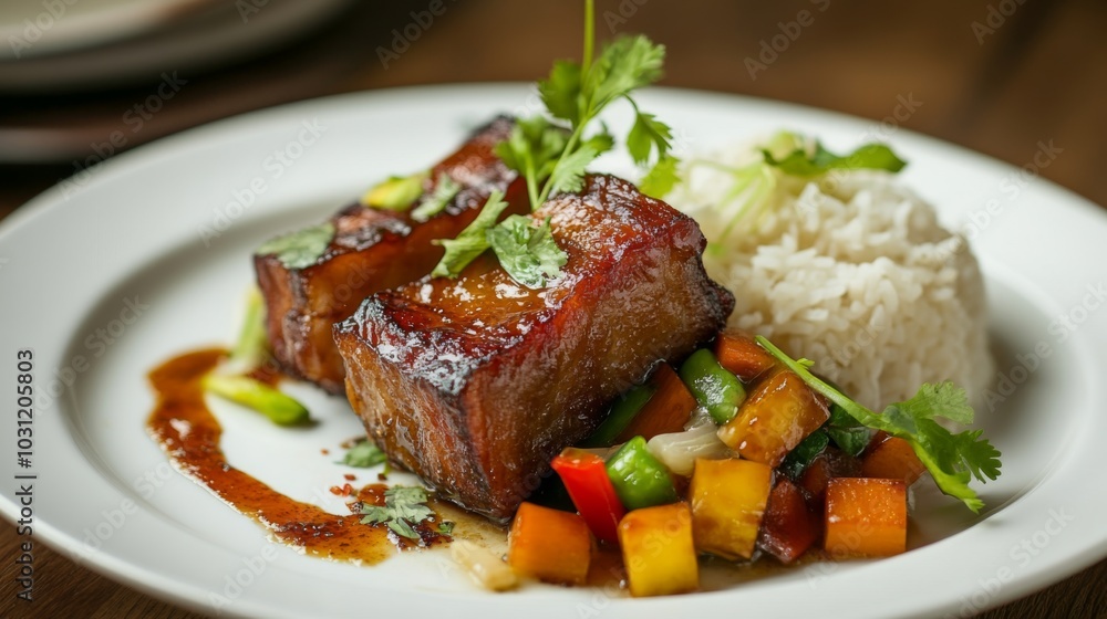 Delicious Pork Belly with Vegetables and Rice Delicious Pork Belly with Vegetables and Rice