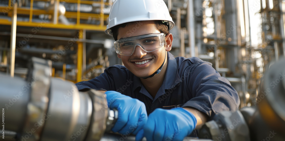 Engineer repairing water pipe in modern gas plant, wearing blue gloves and uniform Engineer repairing water pipe in modern gas plant, wearing blue gloves and uniform