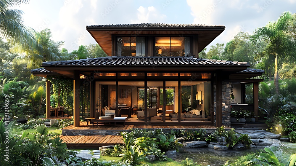 Modern house with a large deck and windows overlooking a tropical garden.